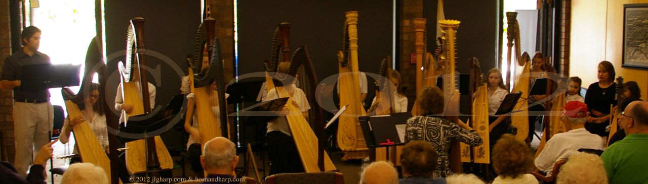 harp ensemble concert with 14 harps Joanne Glover, harp teacher